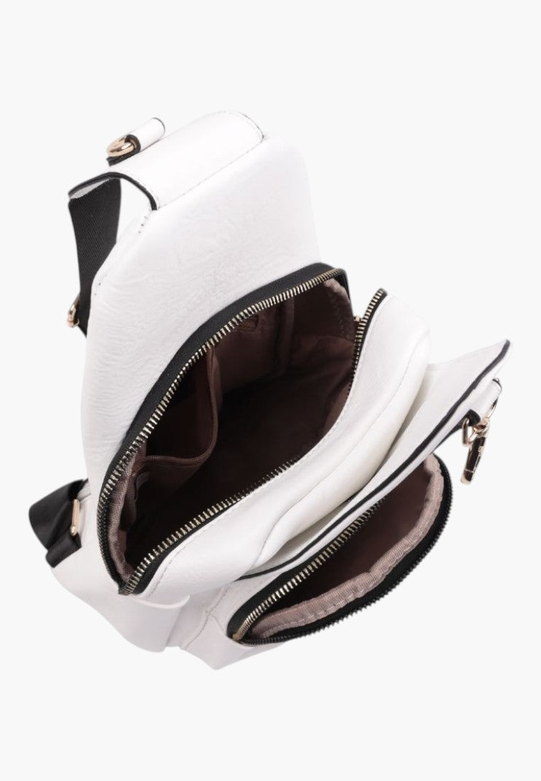 Falio white faux leather urban backpack with multiple zippered compartments and black straps