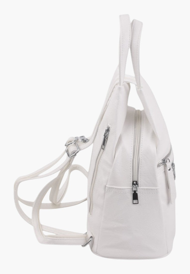 Falio white faux leather urban backpack with side view showing adjustable straps and multiple zippered pockets