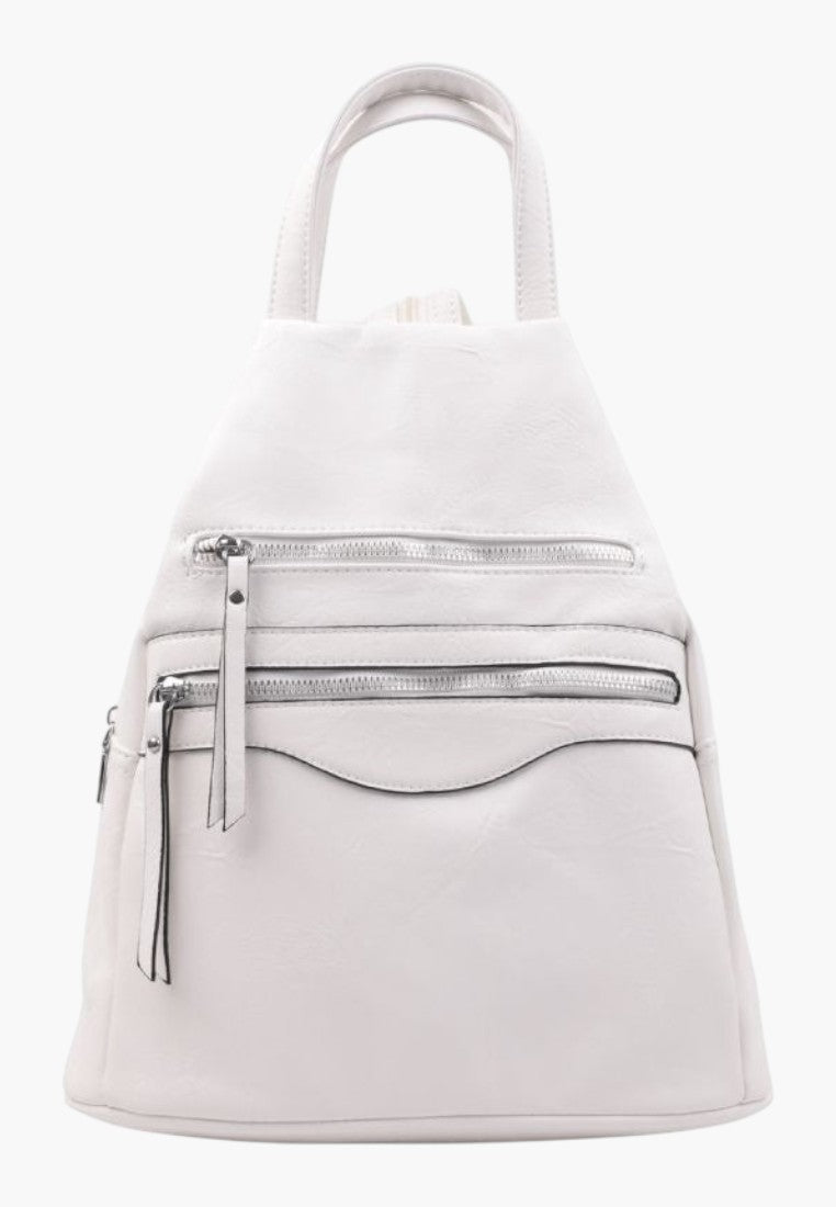 Falio white faux leather urban backpack with multiple zippered pockets and a spacious main compartment.