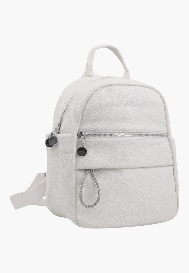 Falio white faux leather urban backpack with silver zippers and multiple compartments for daily use