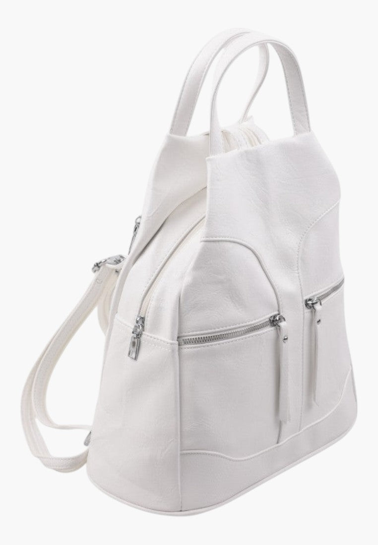 Falio white urban faux leather backpack with multiple zippered compartments and top handle