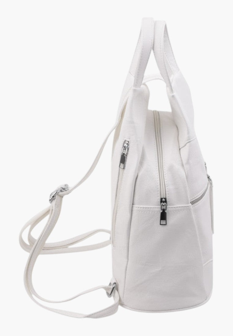 Falio white urban faux leather backpack with side zipper pockets and adjustable straps
