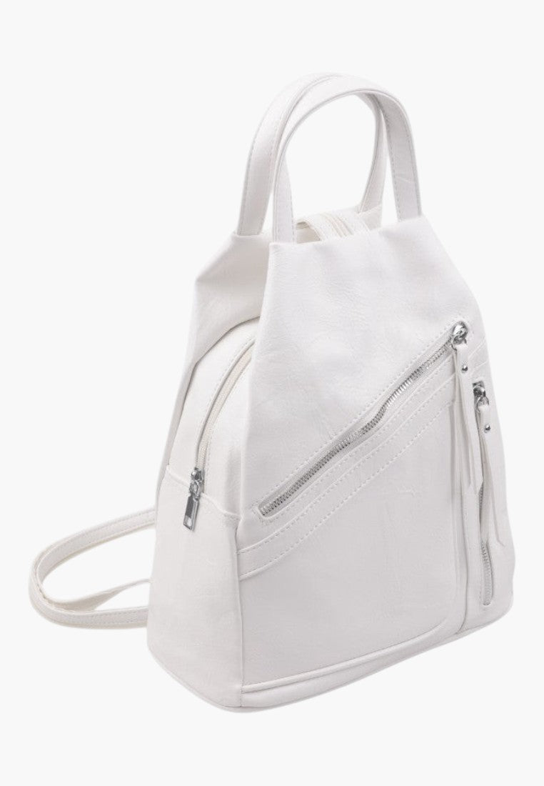 Falio white faux leather urban backpack with multiple zippered pockets and a top handle for daily use