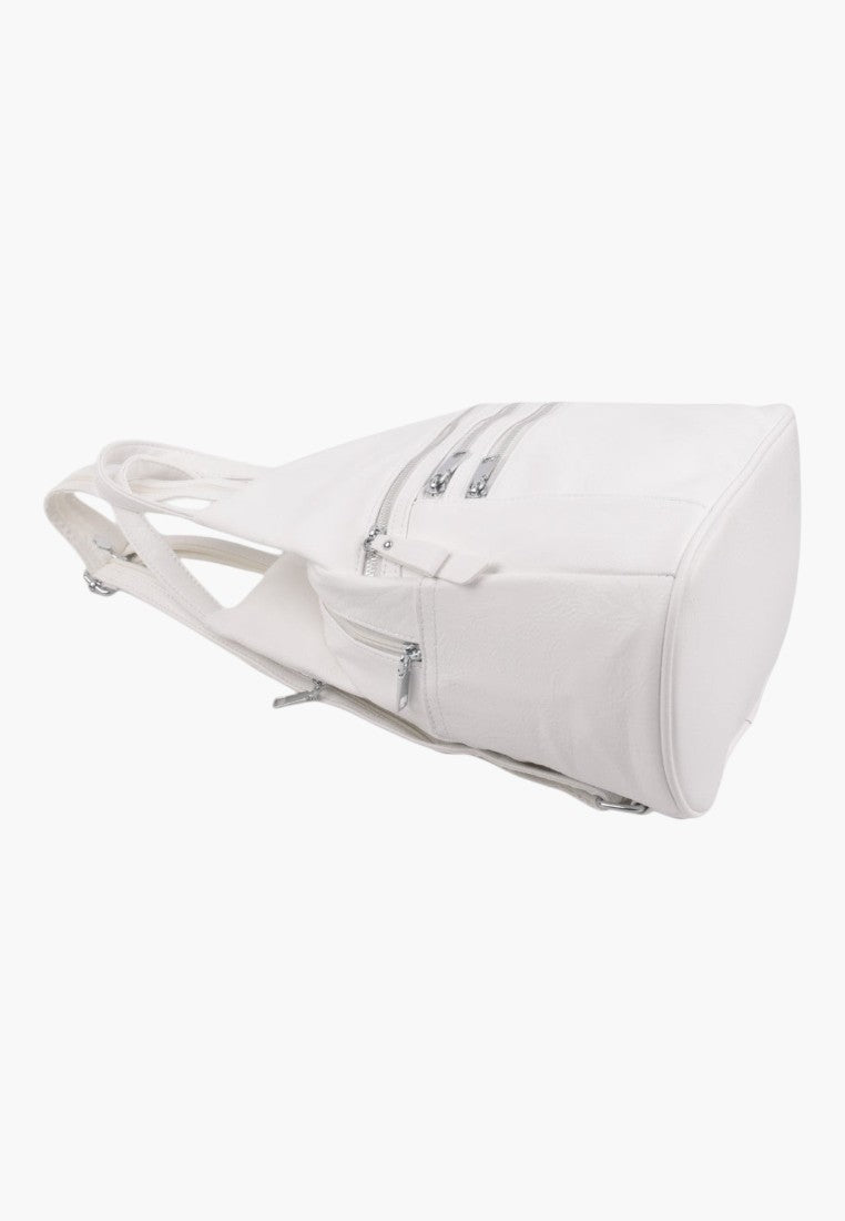 Falio white faux leather urban backpack with multiple zippered pockets and spacious main compartment