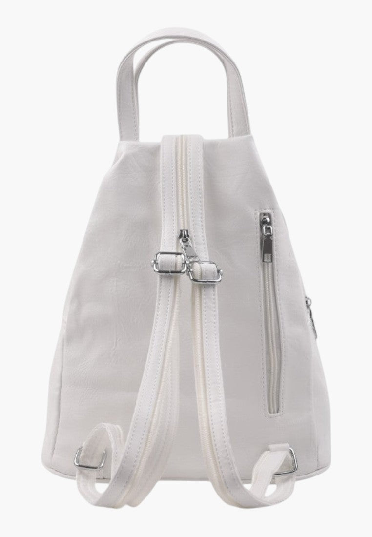 Falio white faux leather urban backpack with adjustable straps and multiple zippered pockets for daily use