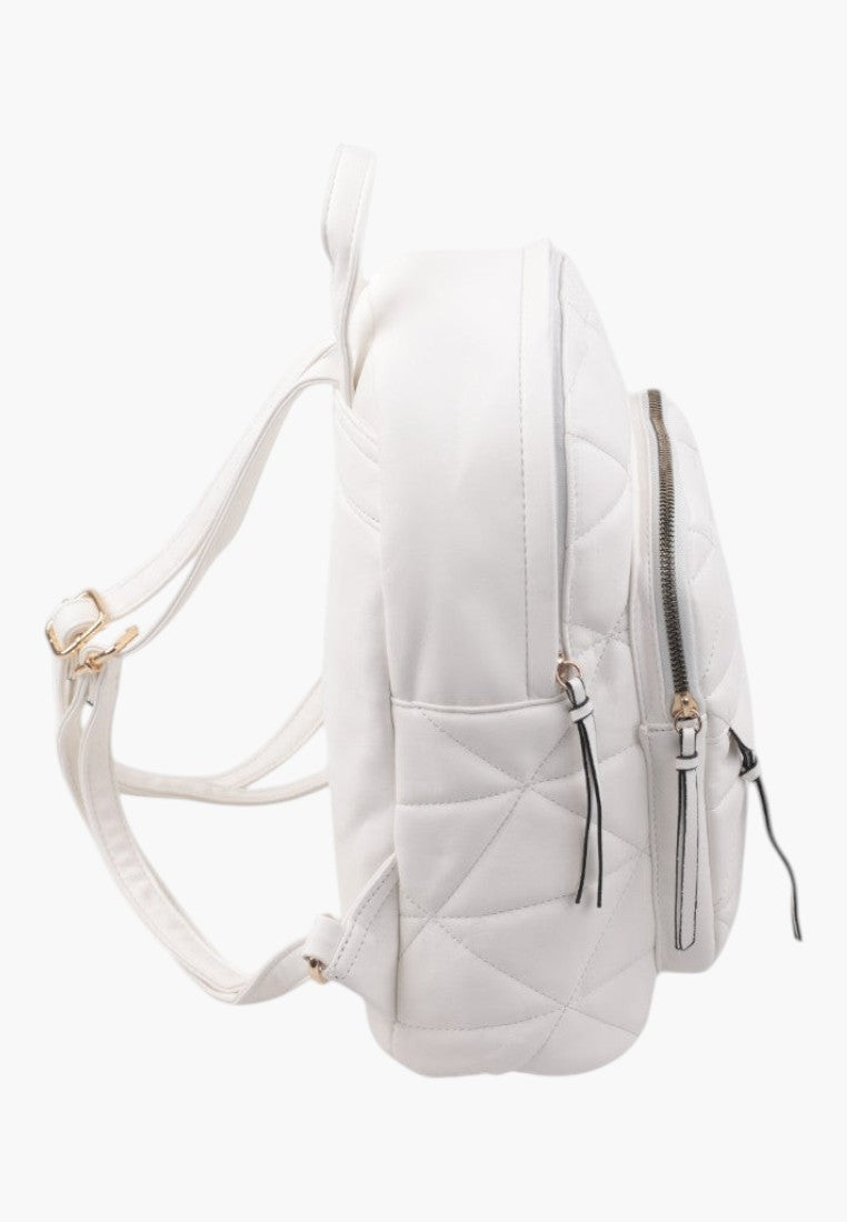 Falio white quilted faux leather urban backpack with side view showing adjustable straps and zippered compartments