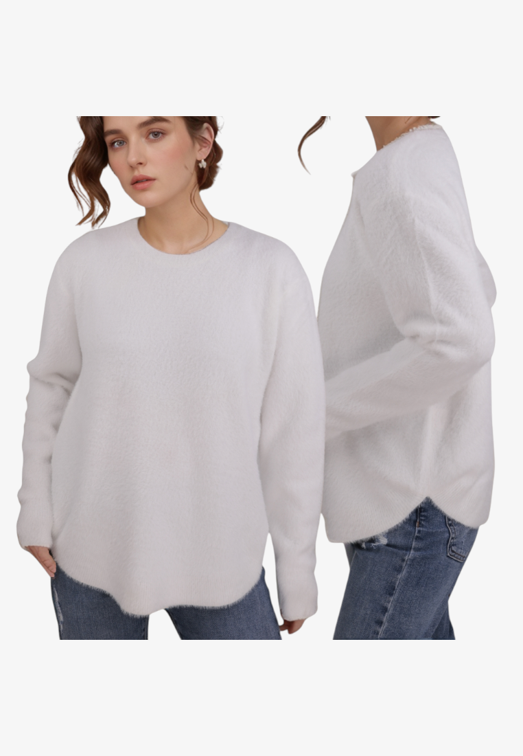 Falio white wool-blend sweater with a soft texture and rounded hem worn by a model with blue jeans