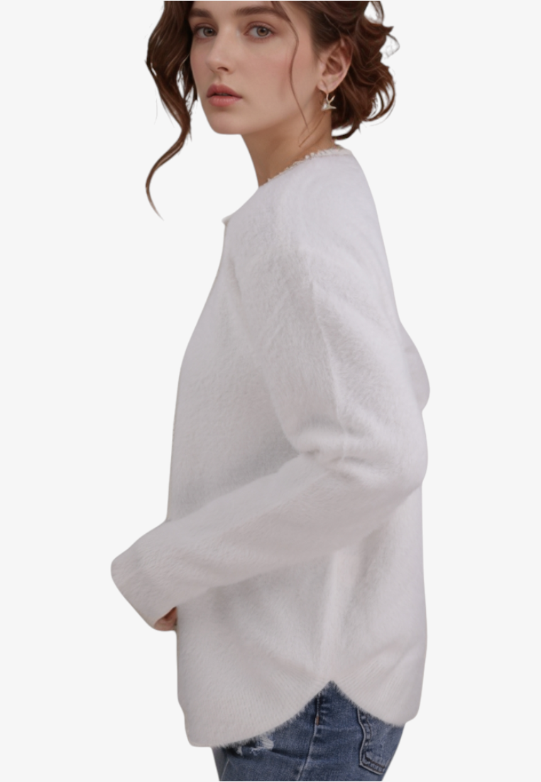 Falio white wool blend sweater with off-shoulder neckline worn by a woman with brown hair against a white background