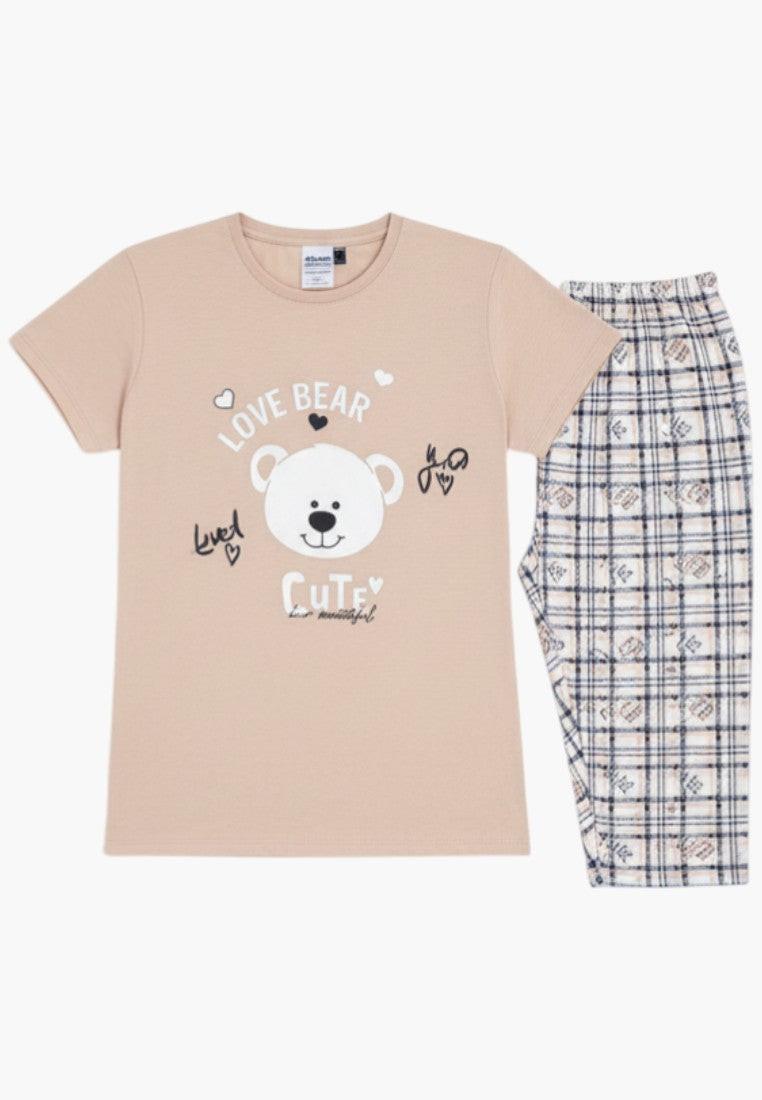 Falio women's beige cotton blend pajama set with a cute bear graphic and plaid capri pants.