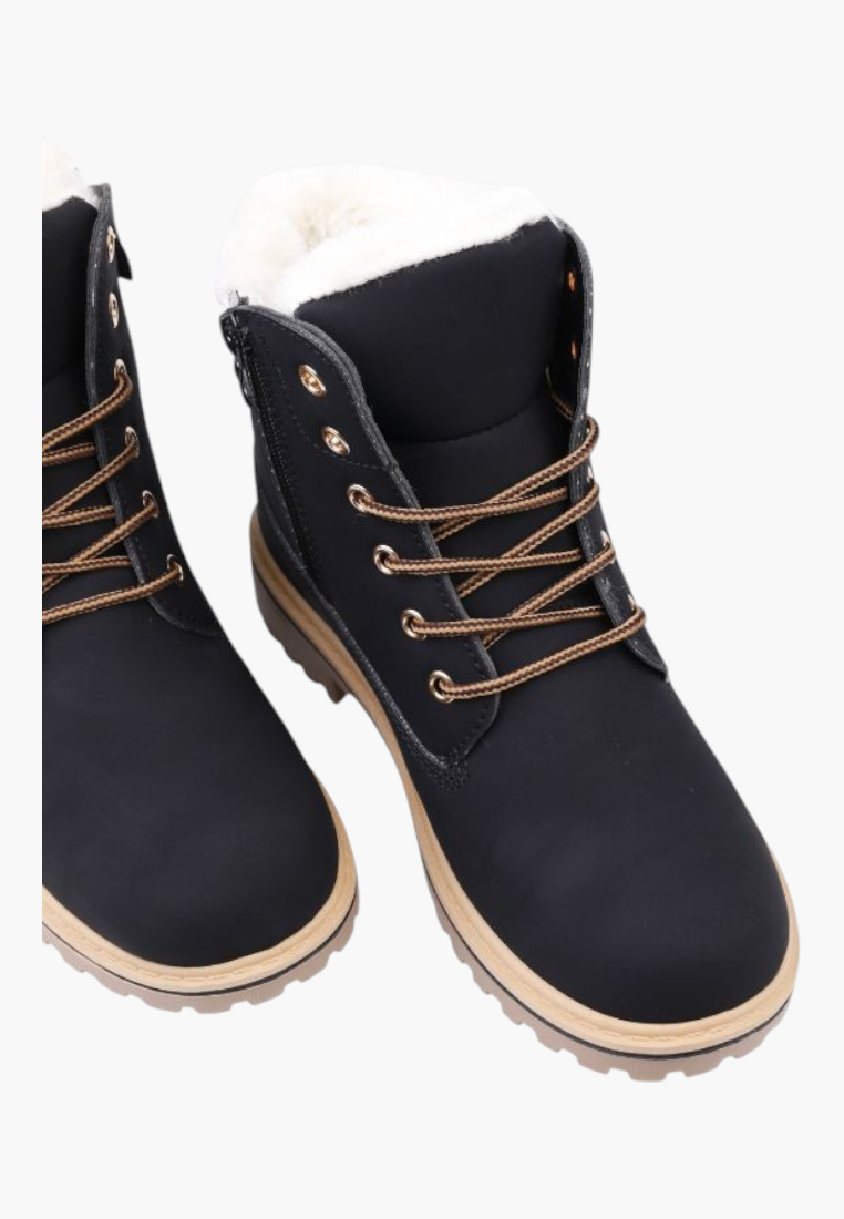 Falio women's black synthetic nubuck winter boots with faux fur lining, lace-up front, and thick lug sole.