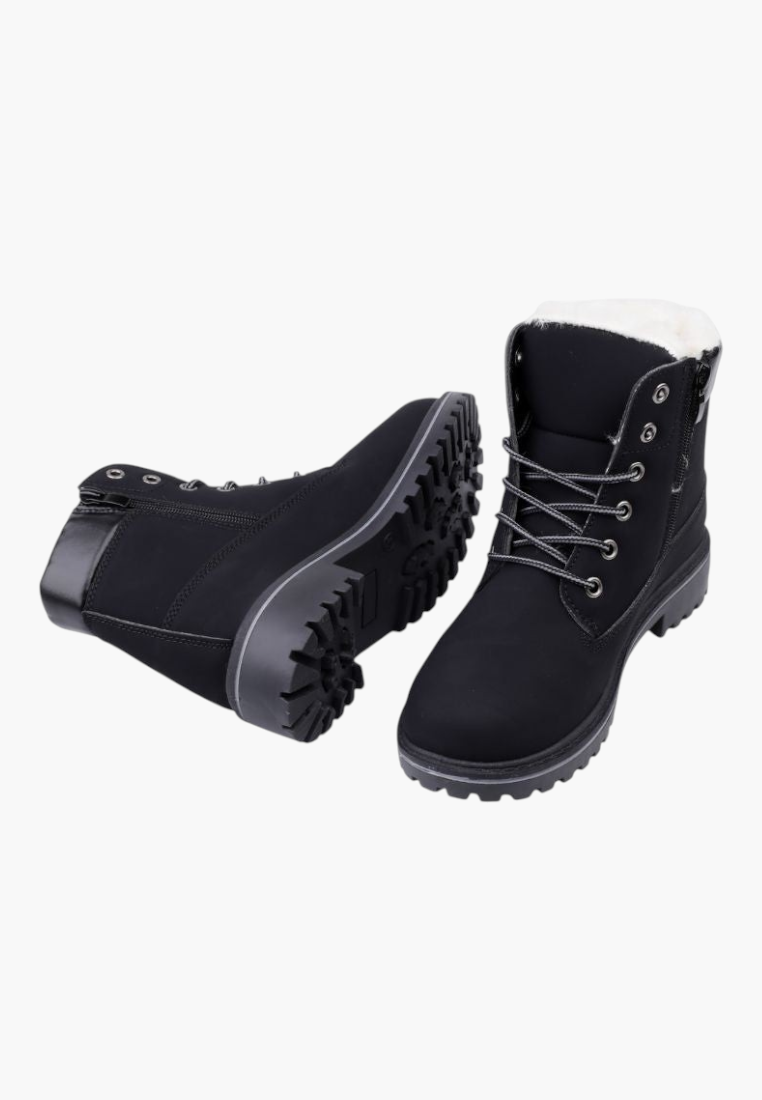 Falio women's black synthetic nubuck winter boots with faux fur lining, thick treaded soles, and side zippers.
