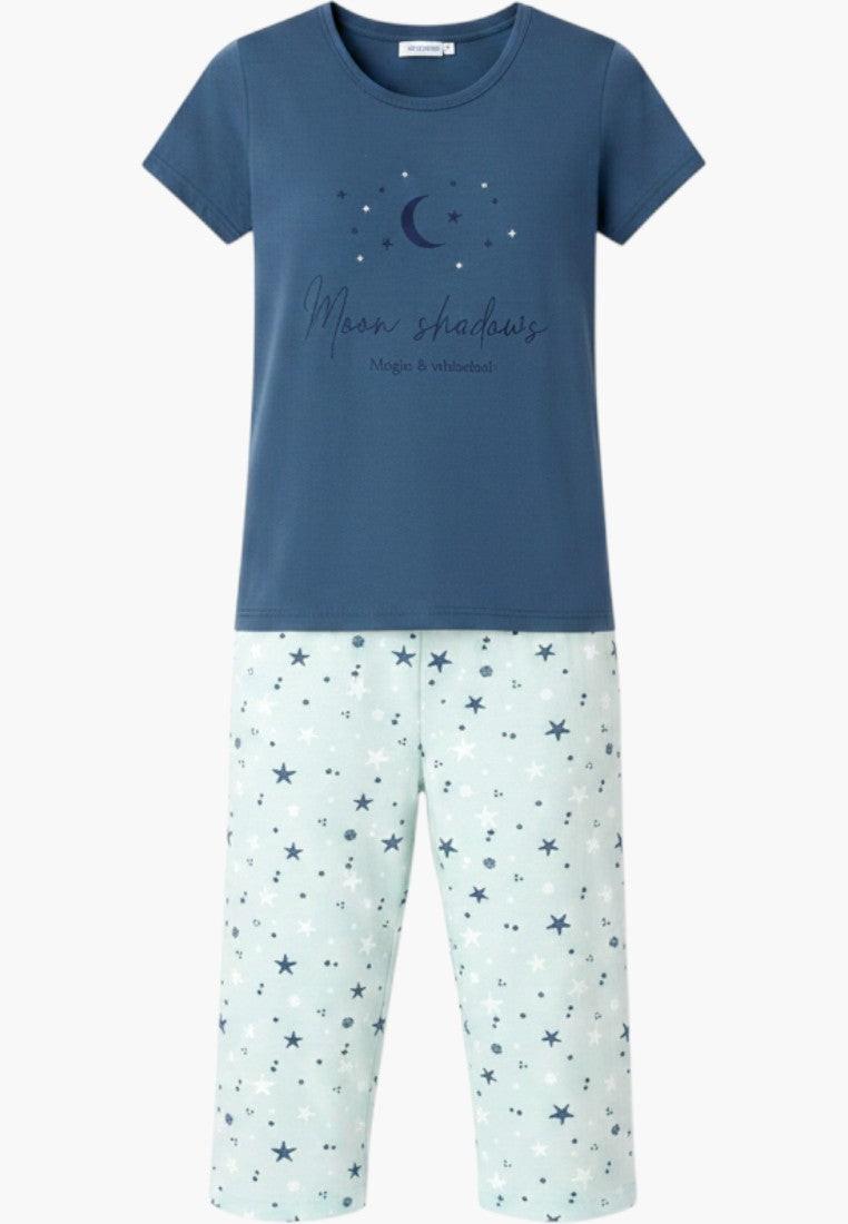 Falio women's blue cotton short-sleeve pajama set with moon and star print capri pants.