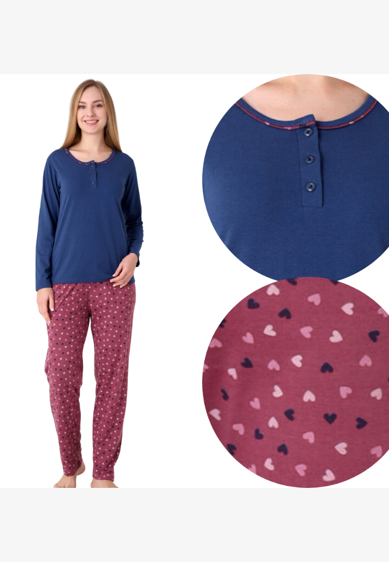 Falio women's cotton pajama set featuring a navy long-sleeve top with button placket and heart-patterned trousers.