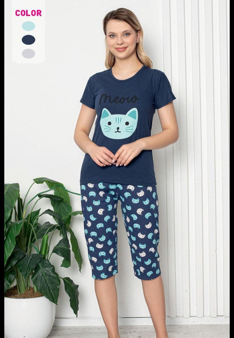 Falio navy blue 100% cotton women's pajama set with short sleeves and 3/4 pants featuring a cute cat graphic and all-over cat print.