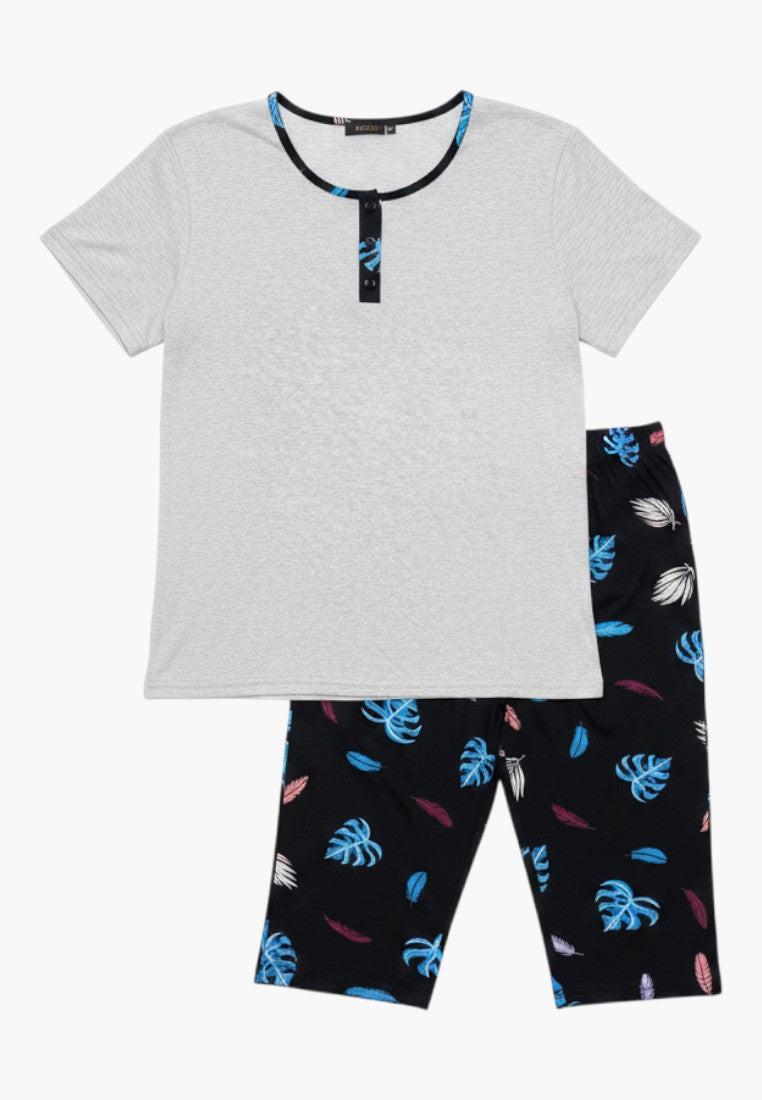 Falio women's multi-color leaf print 3/4 sleeve cotton pajama set. Plus size.