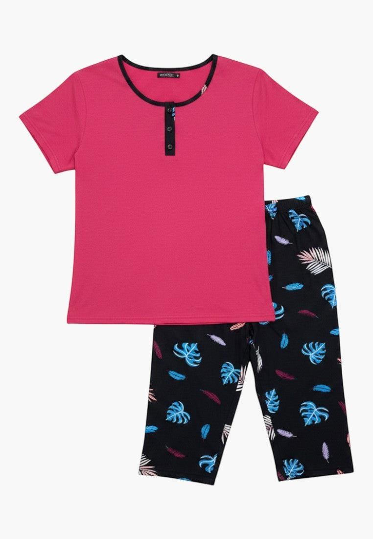 Falio plus size women's multi-colored 100% cotton pajama set with short sleeves and 3/4 length pants.