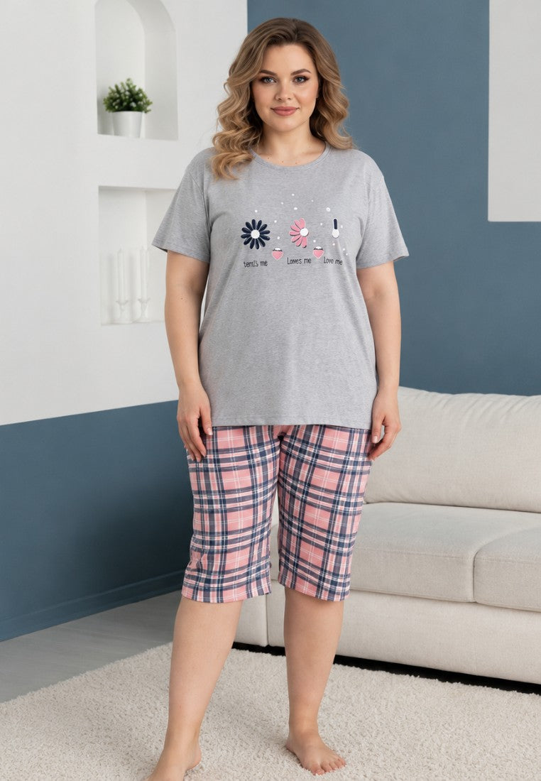 Falio women's cotton pajama set with a grey floral print t-shirt and pink plaid capri pants