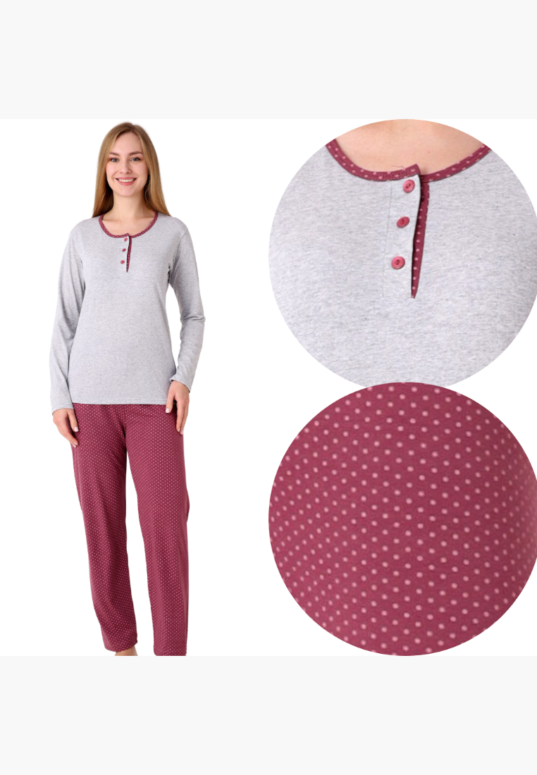 Falio women's cotton pajama set featuring a grey long-sleeve top and burgundy polka dot trousers with button detail.