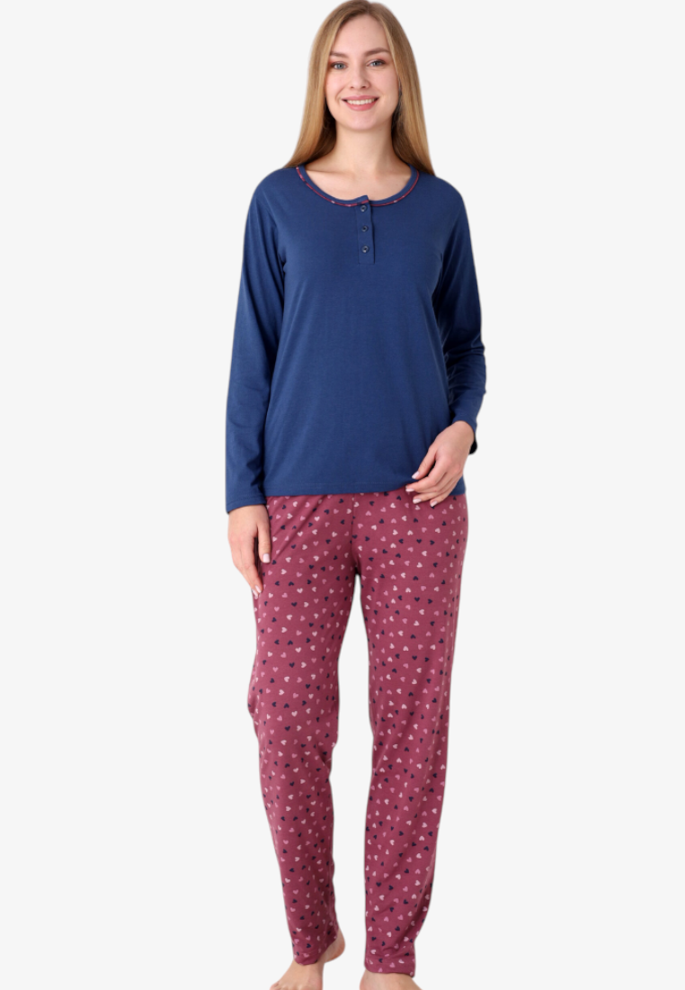 Falio women's cotton pajama set with a blue long-sleeve top and burgundy heart-patterned trousers