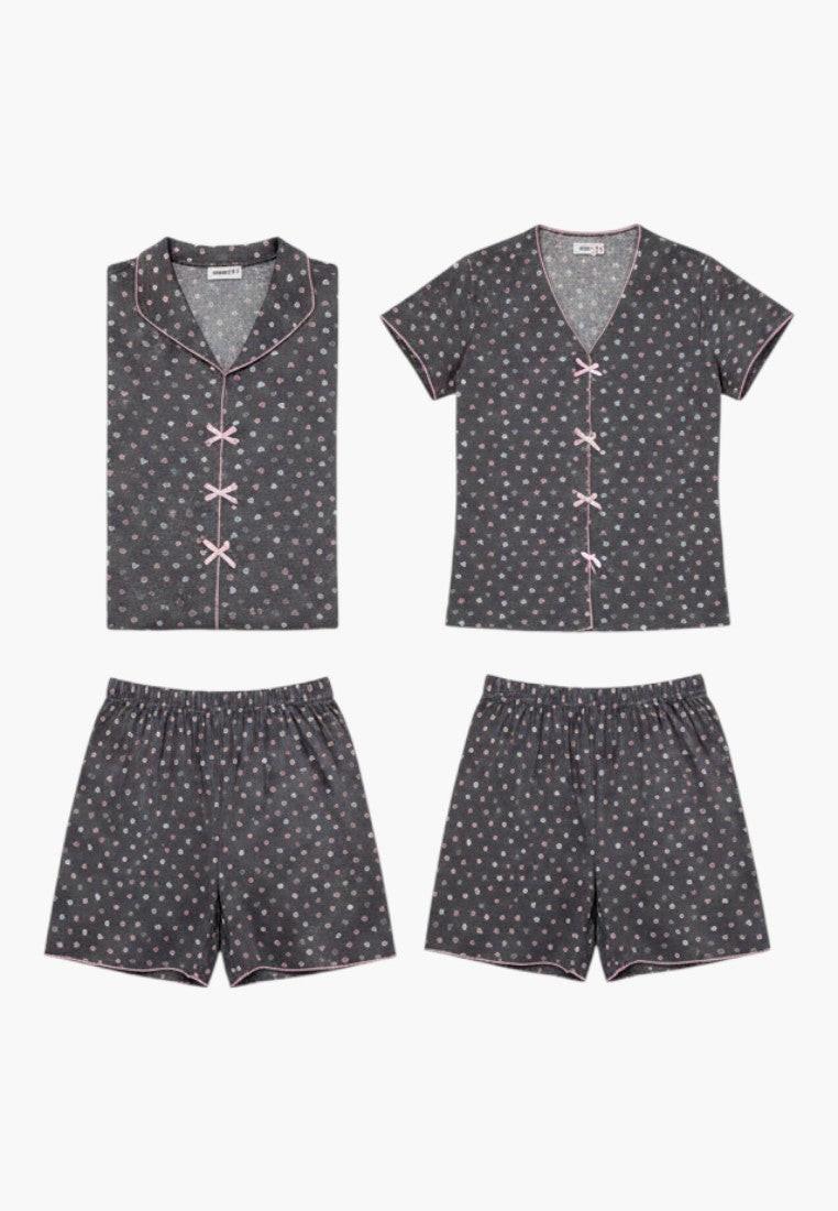 Falio women's dark grey cotton pajama set with pink bow details and heart print. Short sleeves, collar, and shorts.