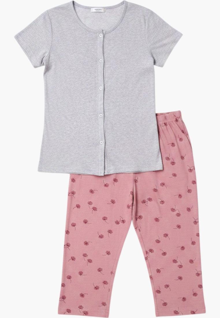 Falio women's grey short-sleeve button-up top with pink floral 3/4 length capri pajama pants.