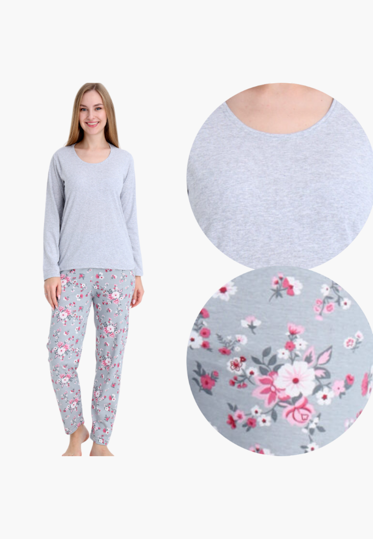 Falio women's insulated cotton pajama set with a grey long-sleeve top and floral print bottoms