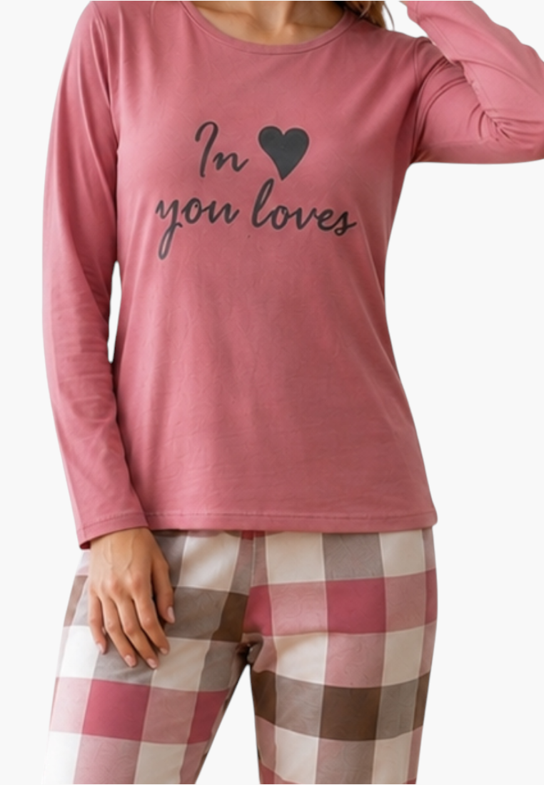 Falio women's insulated cotton pajama set with a pink long-sleeve top featuring heart text and plaid bottoms.