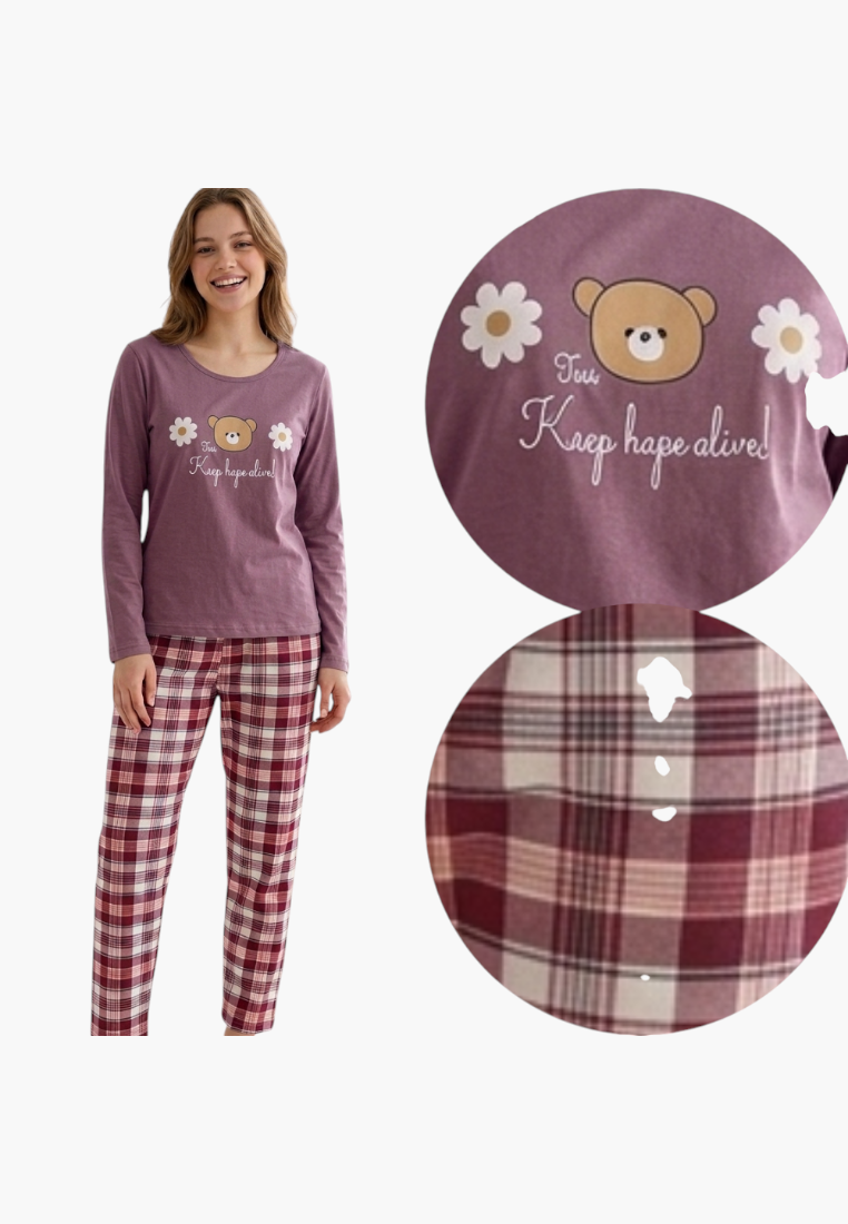 Falio women's insulated cotton pajama set with a purple long-sleeve bear graphic top and red plaid flannel pants