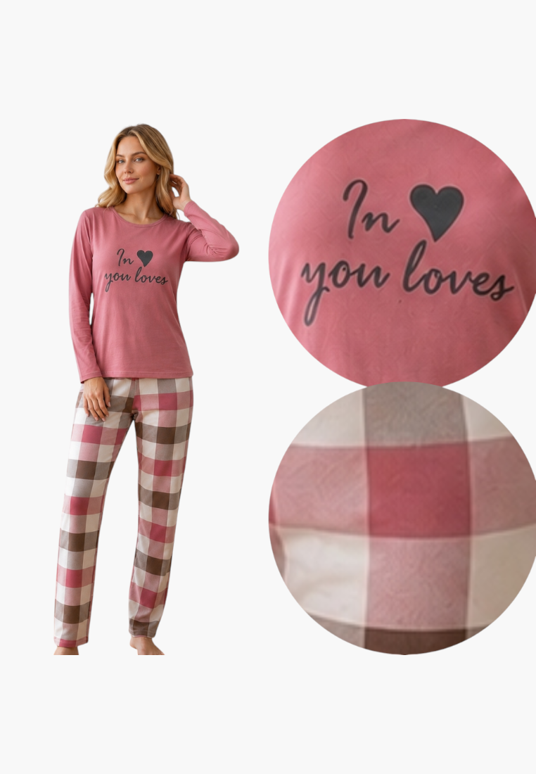 Falio women's insulated cotton pajama set with pink long-sleeve top featuring heart print and plaid bottoms