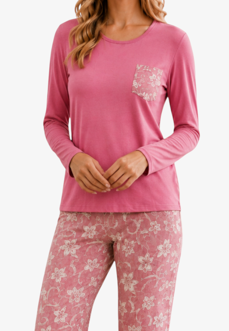 Falio women's insulated cotton pajama set in pink with long sleeves, round neckline, and floral patterned details.