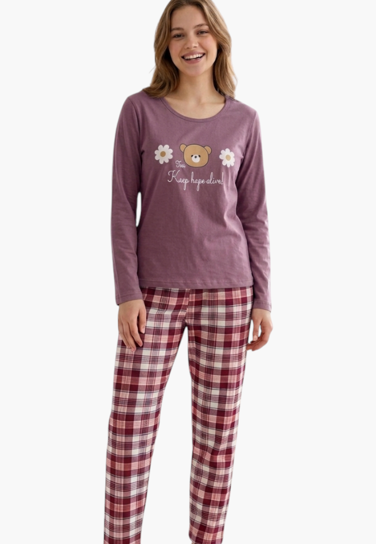 Falio women's insulated cotton pajama set with a mauve long-sleeve top featuring a bear print and plaid bottoms.