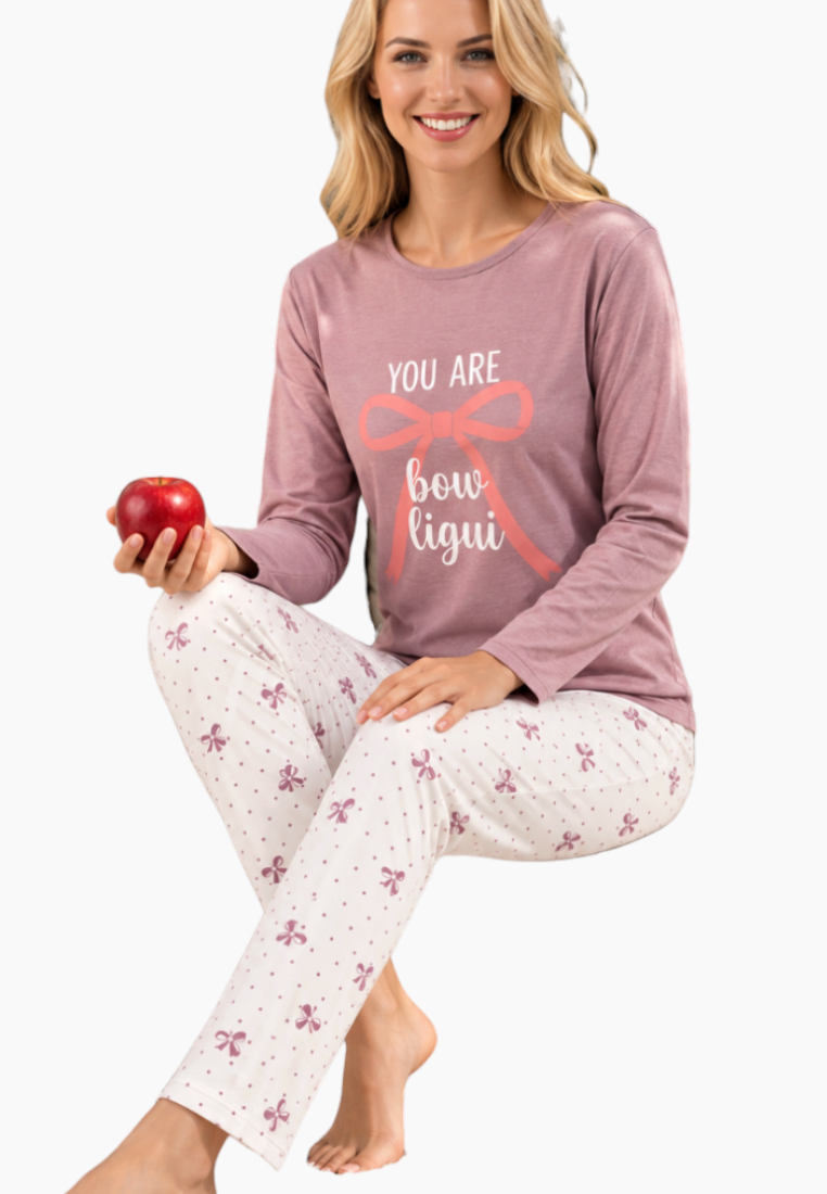 Falio women's insulated cotton pyjama set with long sleeves, round neck, and pink bow print on a white background