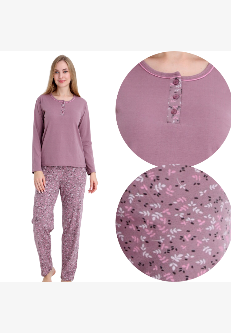 Falio women's insulated cotton pajama set in mauve with a floral patterned pant and button-up round neckline