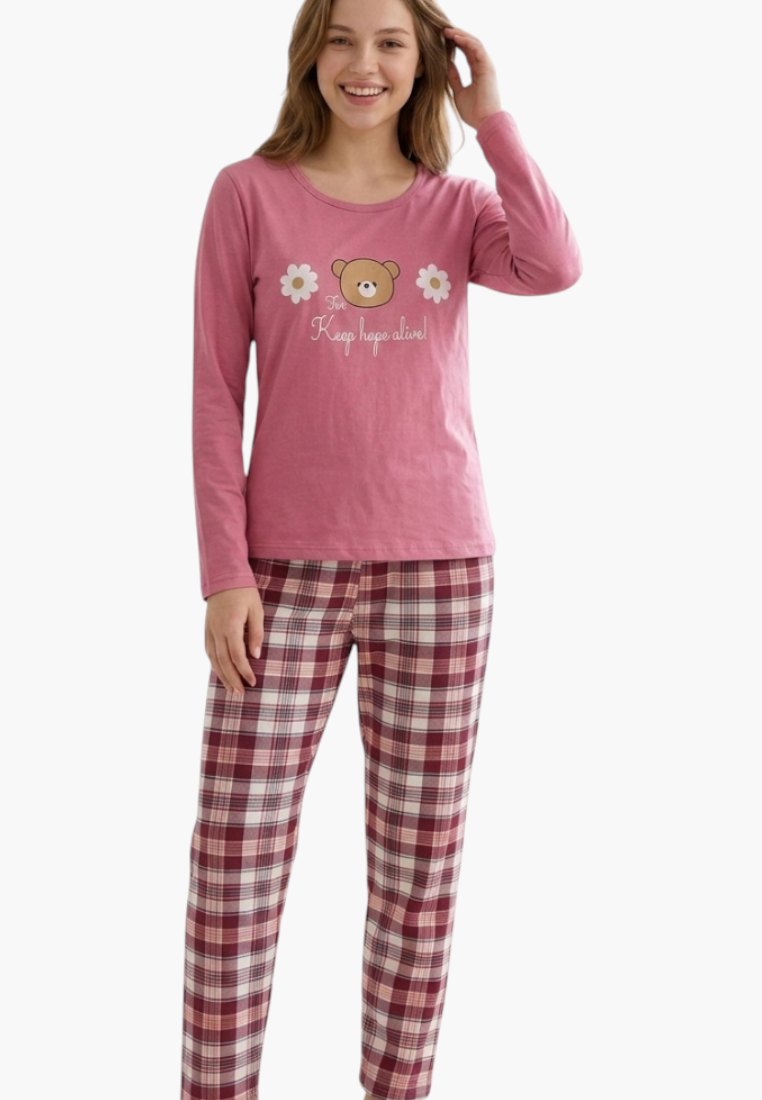 Falio women's insulated cotton pajama set with a pink long-sleeve top featuring a bear print and plaid trousers