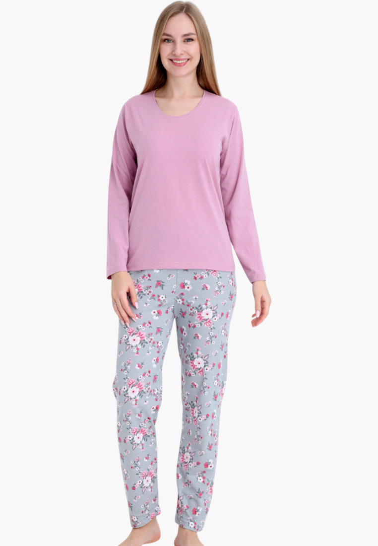 Falio women's insulated cotton pajama set with a solid pink long-sleeve top and grey floral print trousers