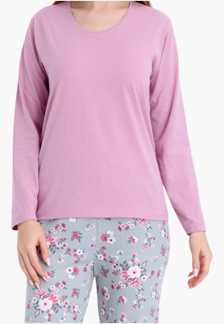 Falio women's insulated cotton pajamas with a solid pink long-sleeve top and grey floral print bottoms