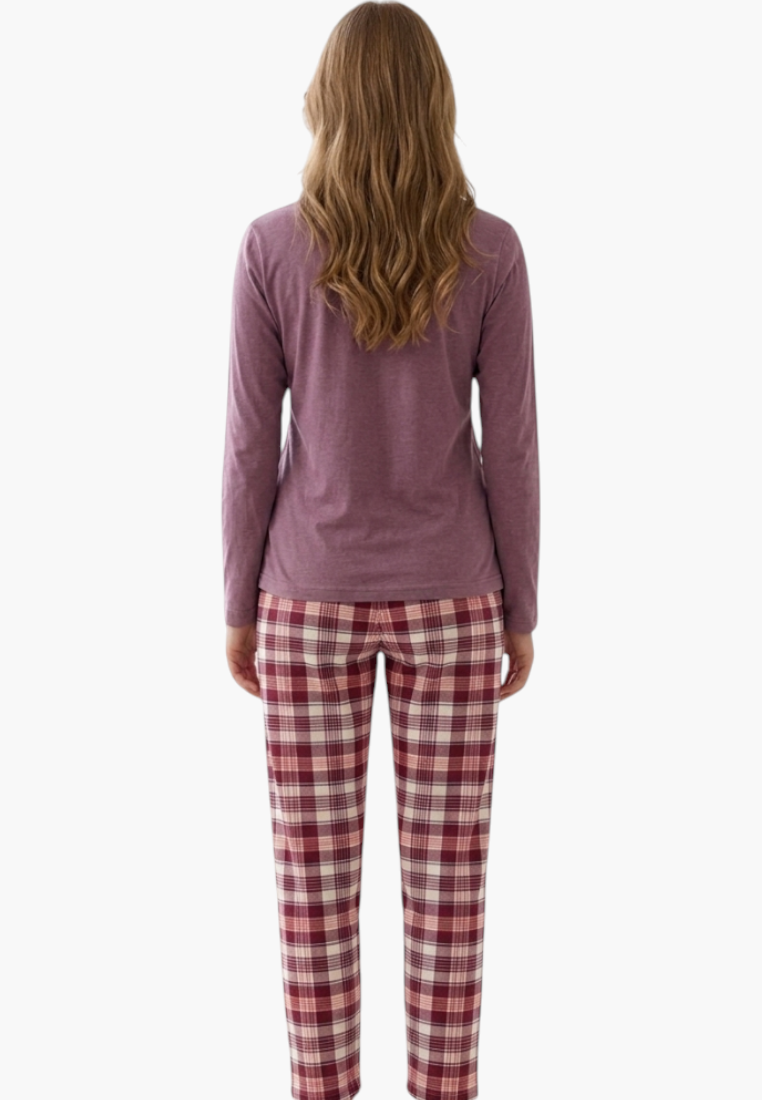Falio women's insulated cotton pajamas with a long-sleeved mauve top and red plaid trousers, back view