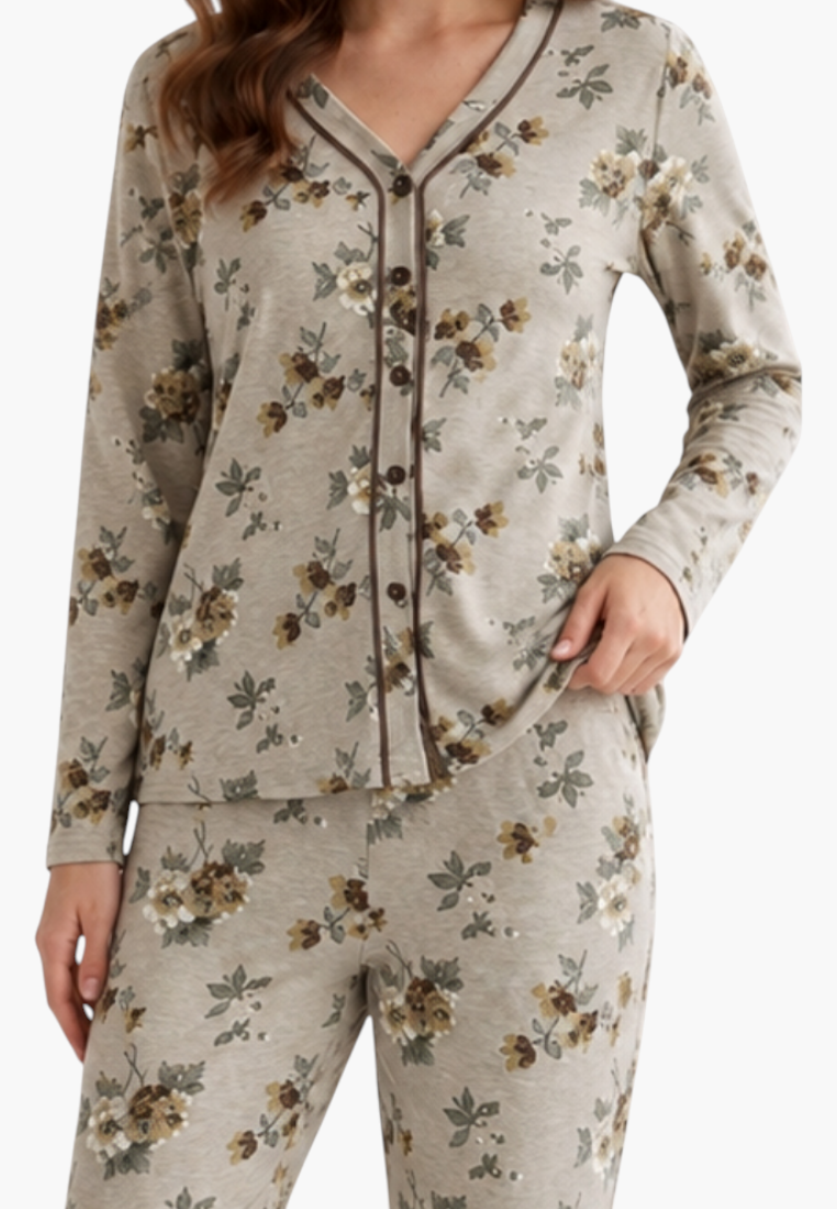 Falio women's insulated cotton pajama set with long sleeves and a beige floral pattern featuring button-down front.