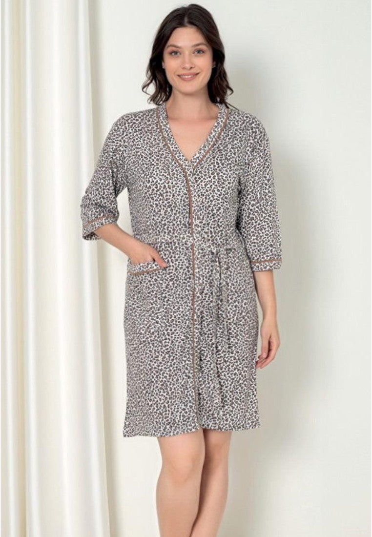 Falio women's knee-length cotton robe with 3/4 sleeves, pockets, and a brown leopard print pattern.