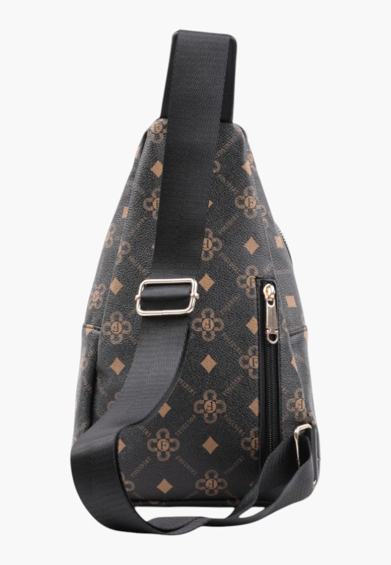 Falio women's small urban sling backpack in black and brown faux leather with a patterned monogram design