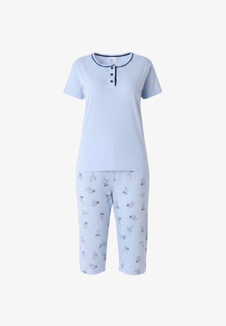 Falio light blue 100% cotton women's pajama set with short sleeves, round neck, button closure, and floral print 3/4 pants.