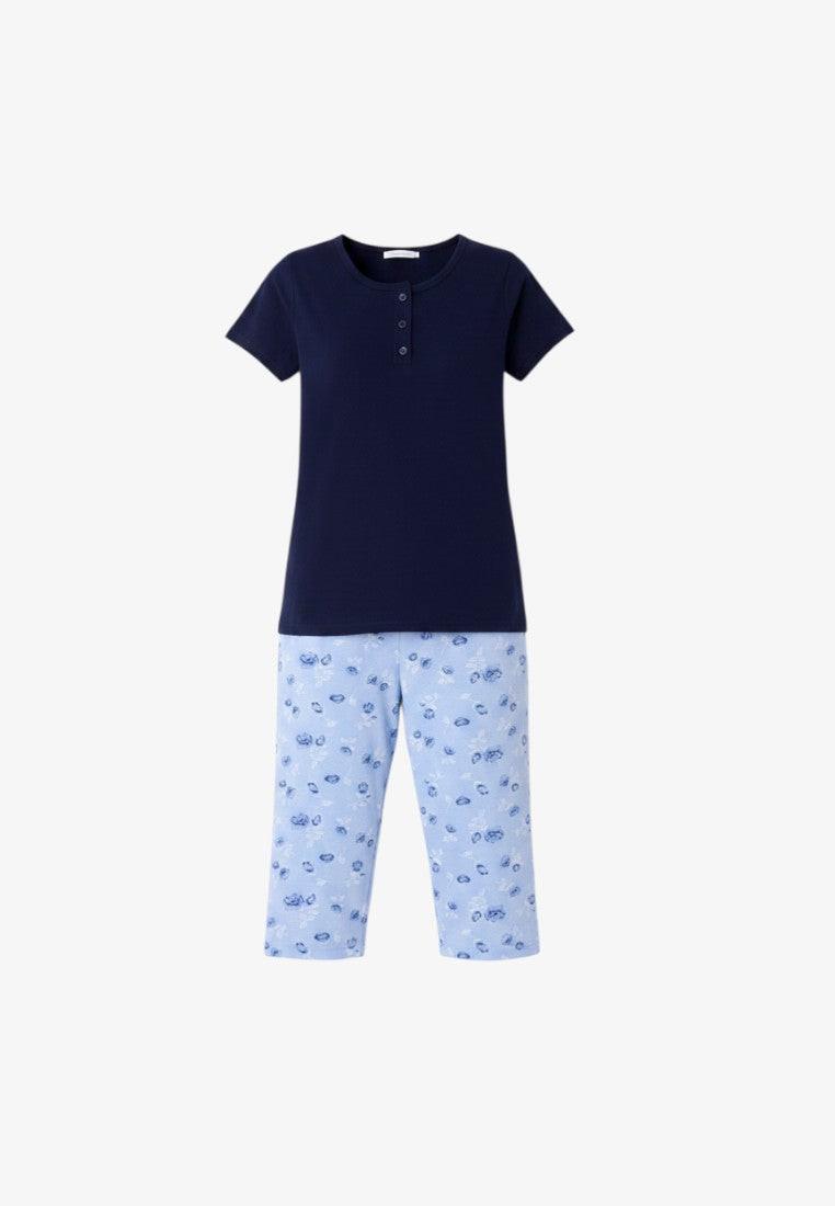 Falio women's navy blue short-sleeve henley top with light blue floral print 3/4 length cotton pajama pants.