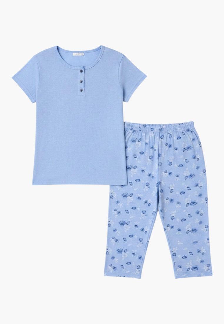 Falio light blue 100% cotton women's pajama set with short sleeves and 3/4 length floral print pants.