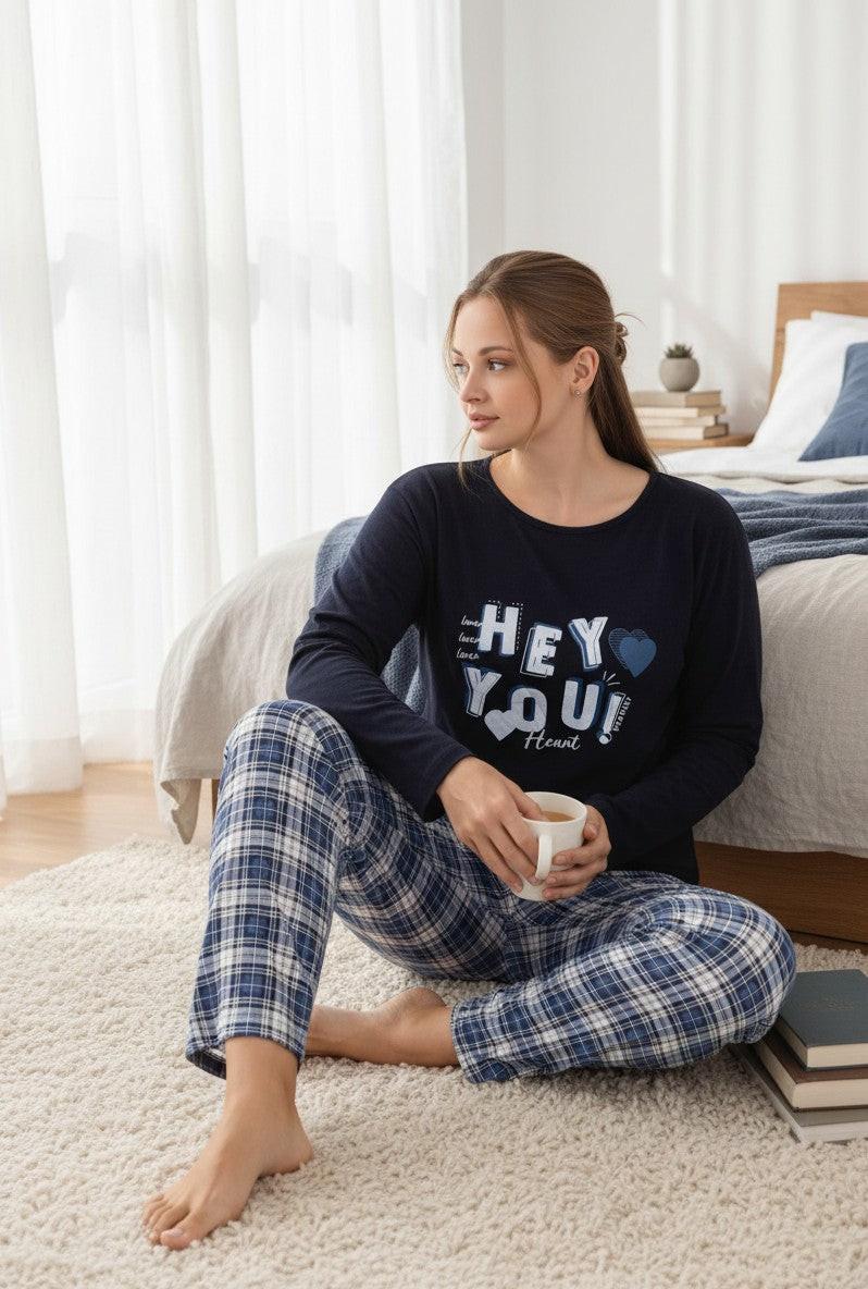 Falio navy blue 100% cotton long-sleeve pajama set with "Hey You! Heart" graphic and blue plaid pants. Plus size.