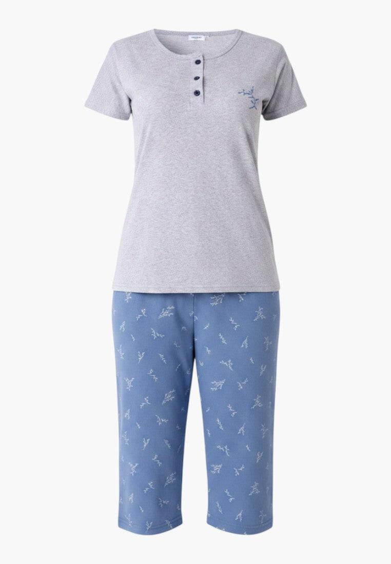 Falio women's grey cotton short-sleeve pajama top with button detail and blue patterned 3/4 length pants.