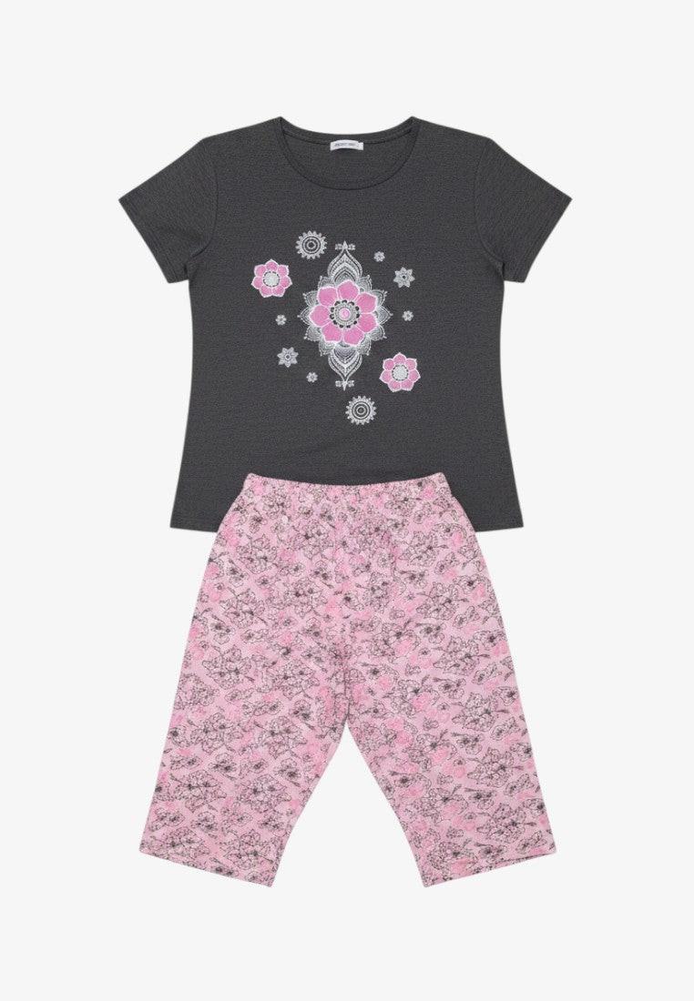 Falio women's dark grey 100% cotton pajama set with pink floral print capri pants and short-sleeve top.