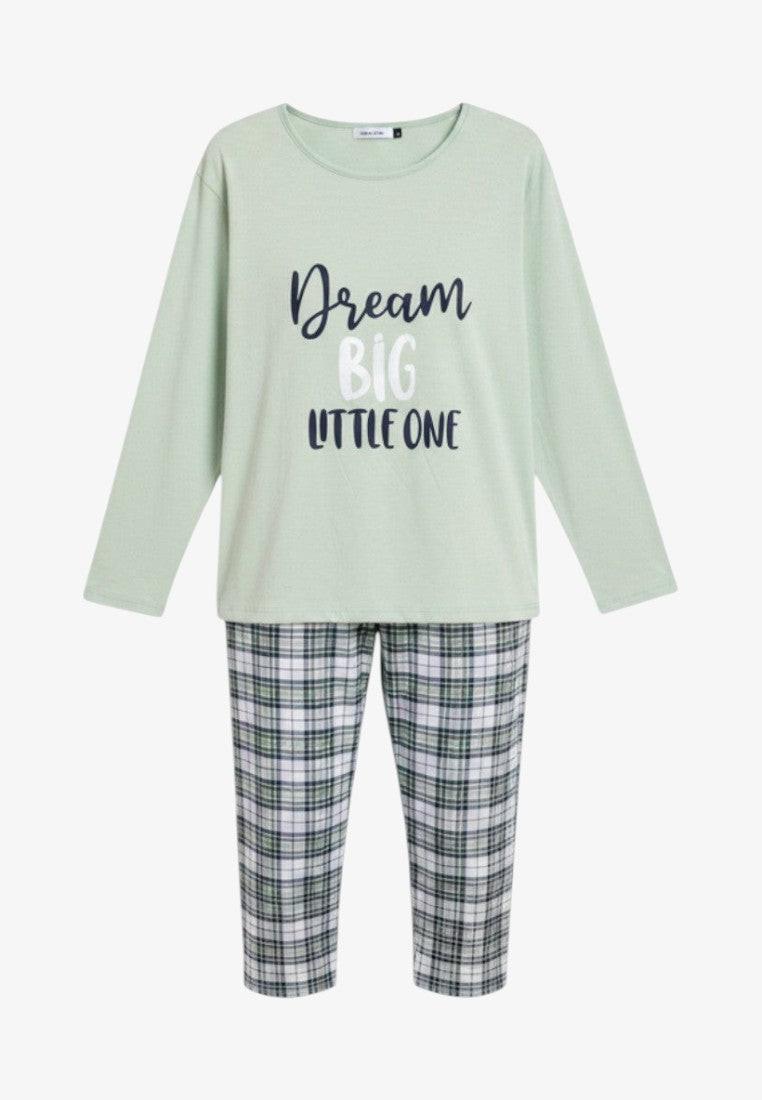 Falio women's light green 100% cotton long sleeve pajama set with plaid pants and