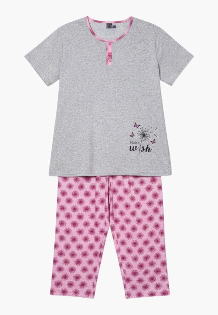 Falio grey 100% cotton short sleeve pajama set with pink floral 3/4 length pants and a dandelion graphic.