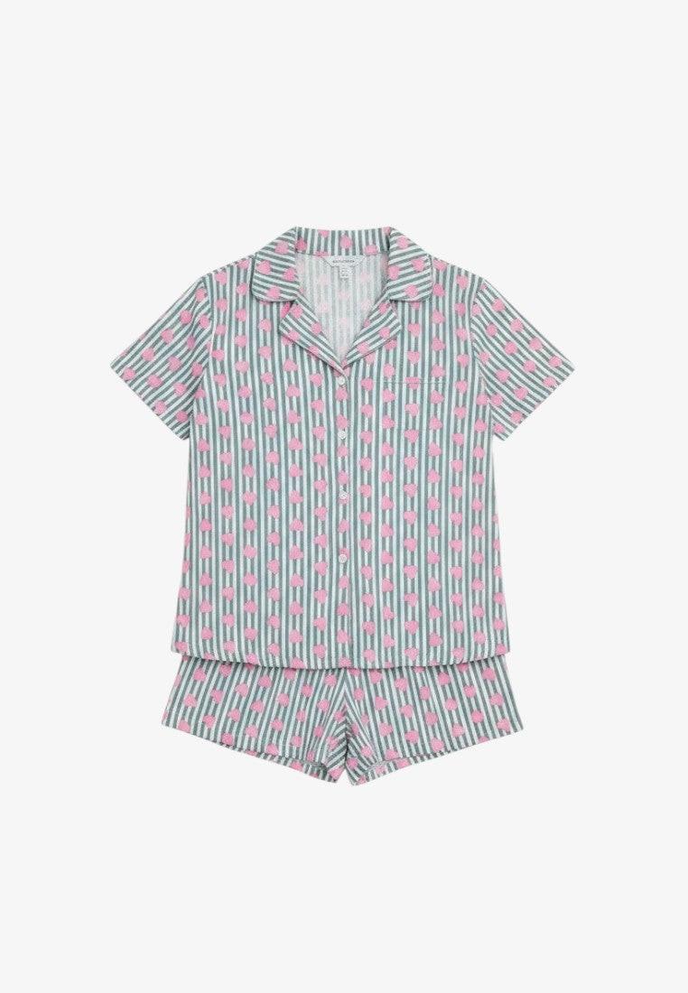 Falio women's multicolor 100% cotton pajama set with short sleeves and shorts, featuring a pink heart print on green stripes and a V-neck with buttons.