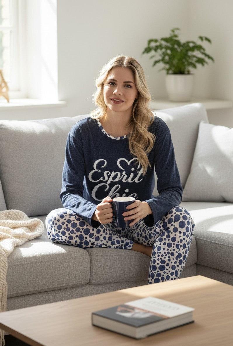 Falio women's navy blue cotton long-sleeve pajama set with 'Esprit Chic' graphic and polka dot pants.